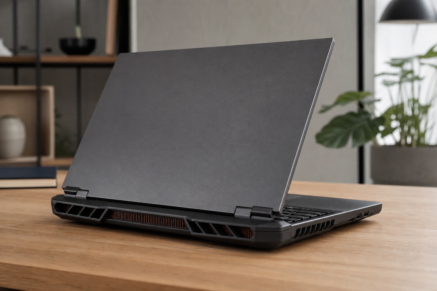 Gaminglaptop med robust chassi och synliga bakre ventilationsöppningar