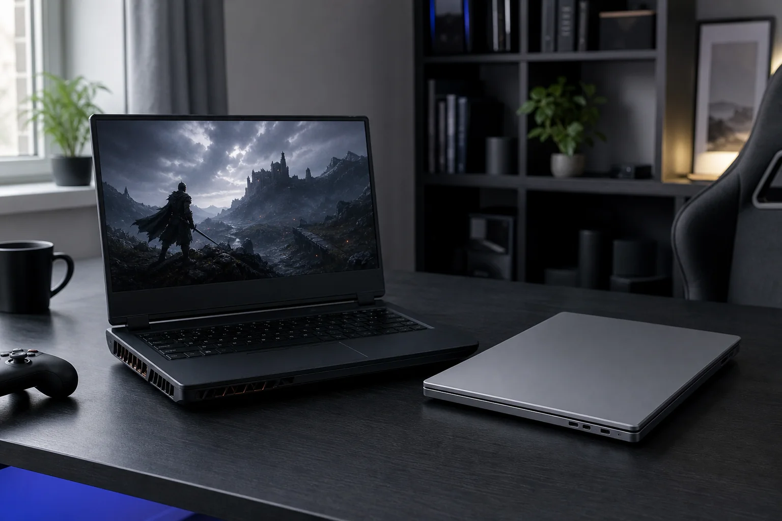 Två olika gaming-laptops på ett mörkt skrivbord, en kraftfull och en tunnare