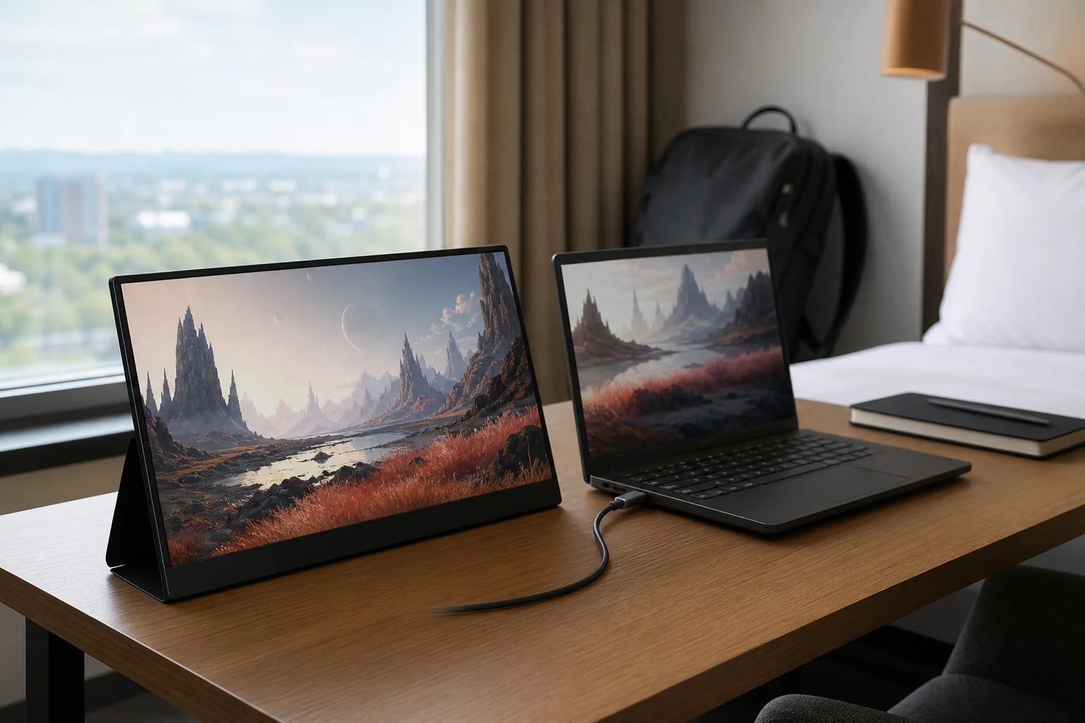 Portabel skärm ansluten till laptop med USB-C-kabel på ett hotellskrivbord
