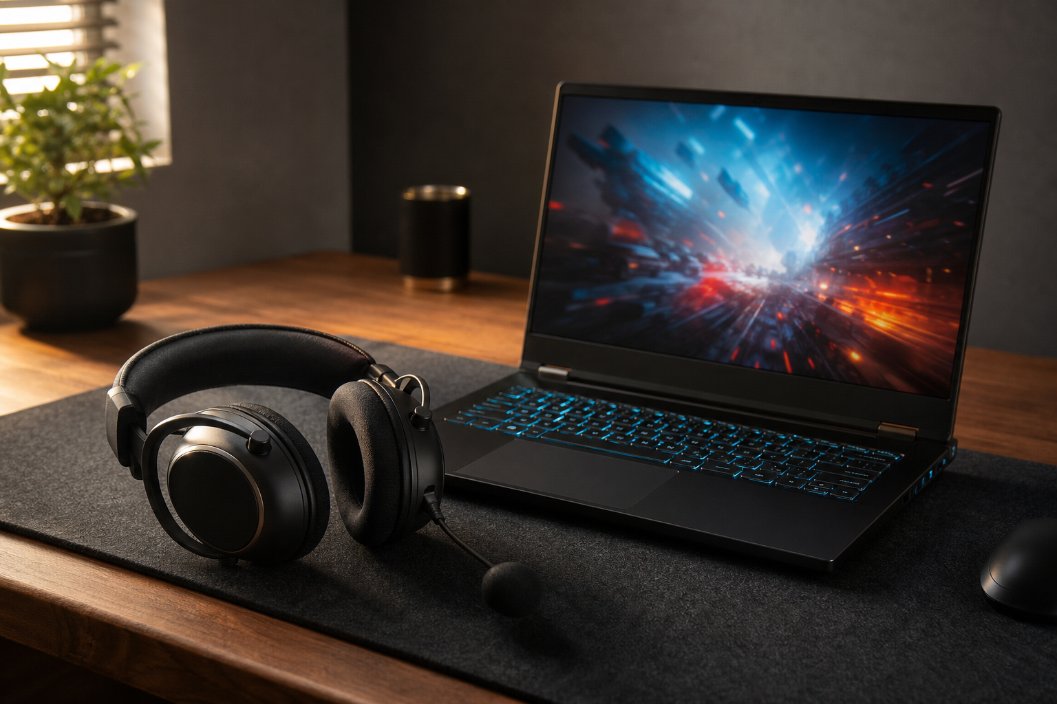 Gaming-headset med mikrofon framför en bärbar speldator