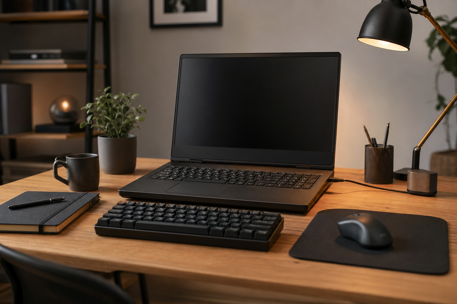Gaminglaptop med tangentbord och mus i ett komplett hemmaupplägg
