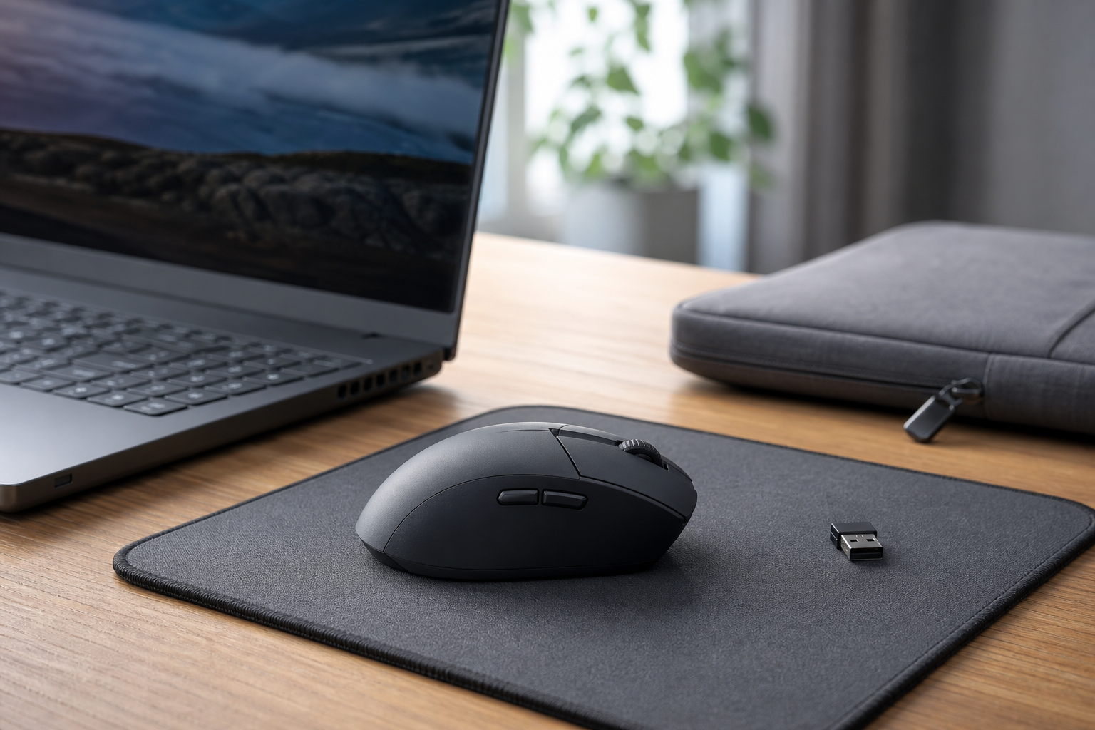 Trådlös gamingmus med USB-mottagare bredvid en bärbar dator