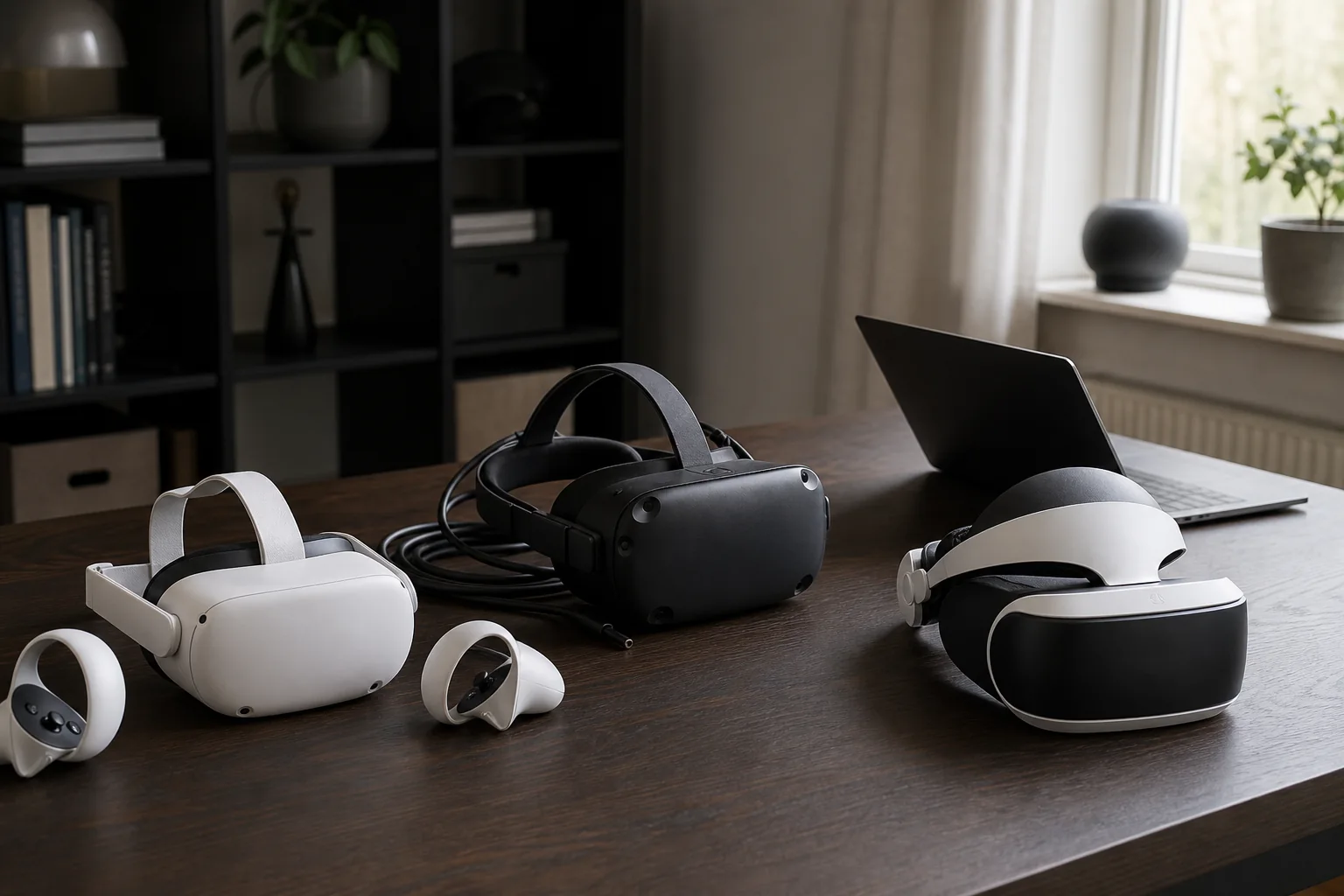 Tre VR-headset för olika sätt att spela på ett skrivbord bredvid en laptop