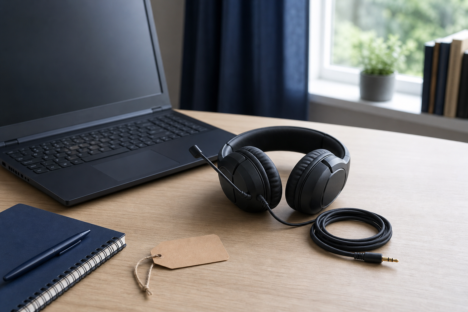 Kabelanslutet gaming-headset med 3,5 mm-kontakt bredvid en bärbar dator