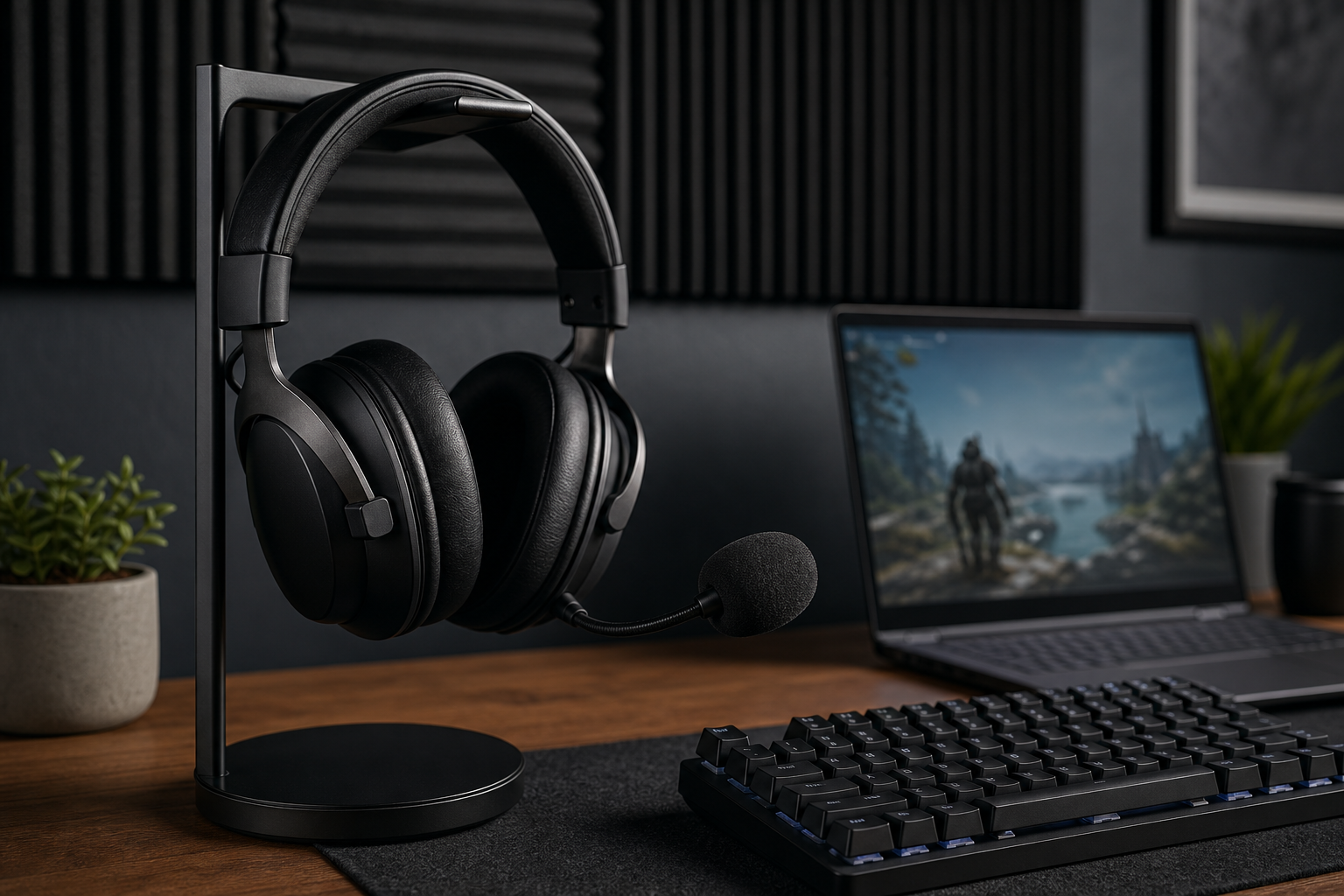 Gaming-headset på ställ med mikrofonarm, tangentbord och laptop i bakgrunden