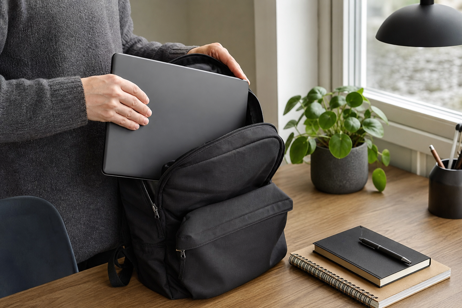 Kompakt laptop som packas ned i en ryggsäck