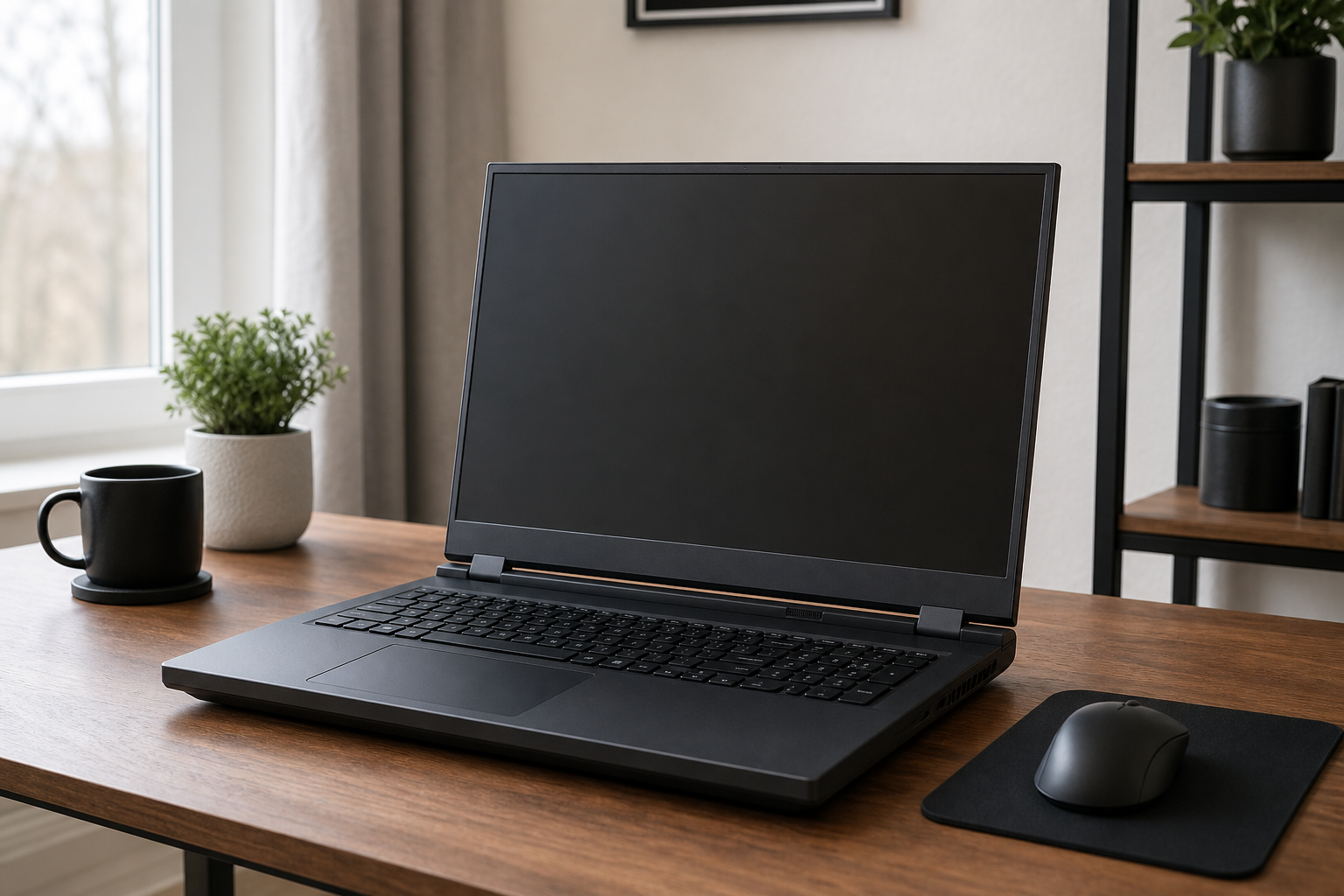Stor gaminglaptop på ett fast skrivbord med mus