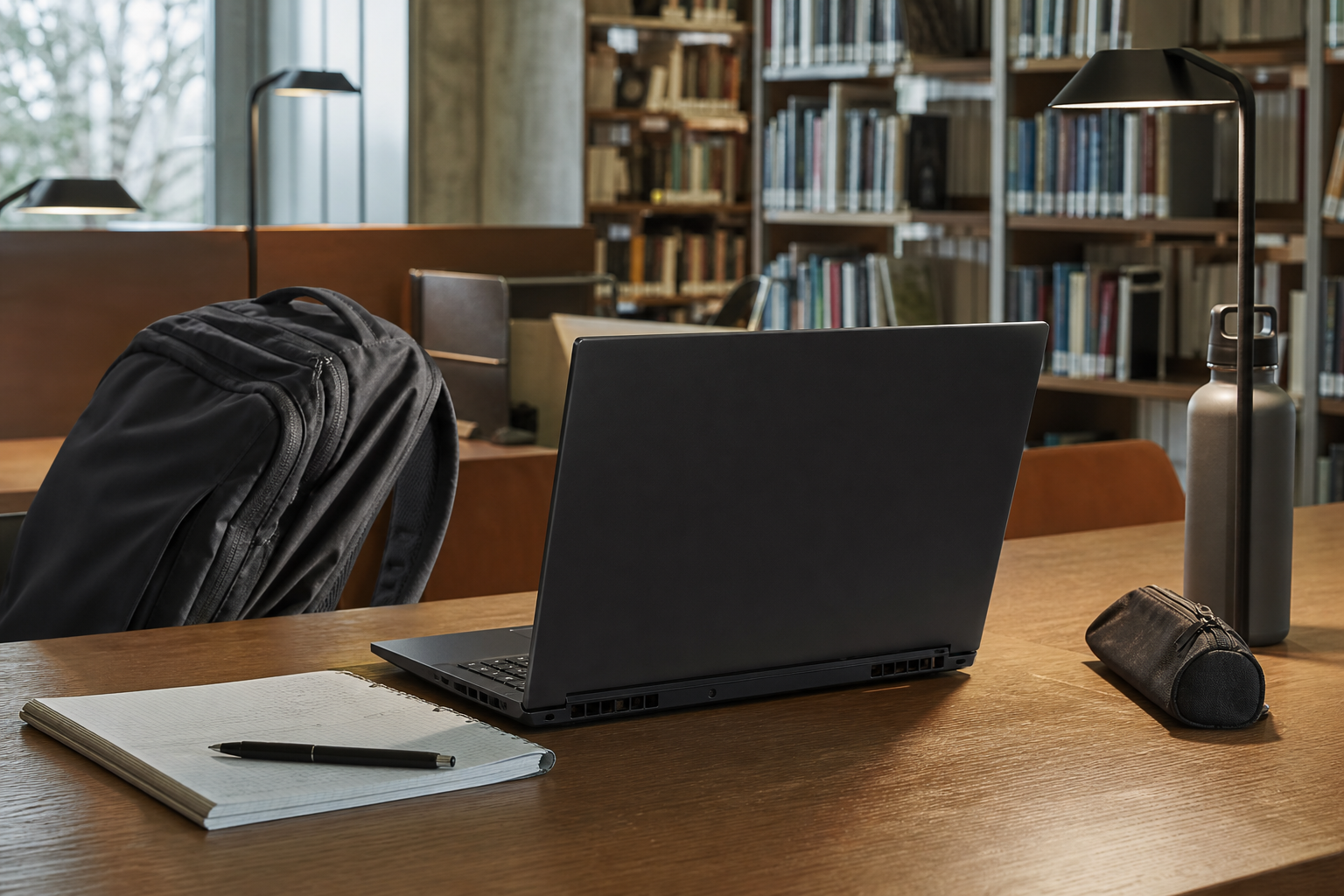 Gaminglaptop, ryggsäck och anteckningsbok på ett biblioteksbord