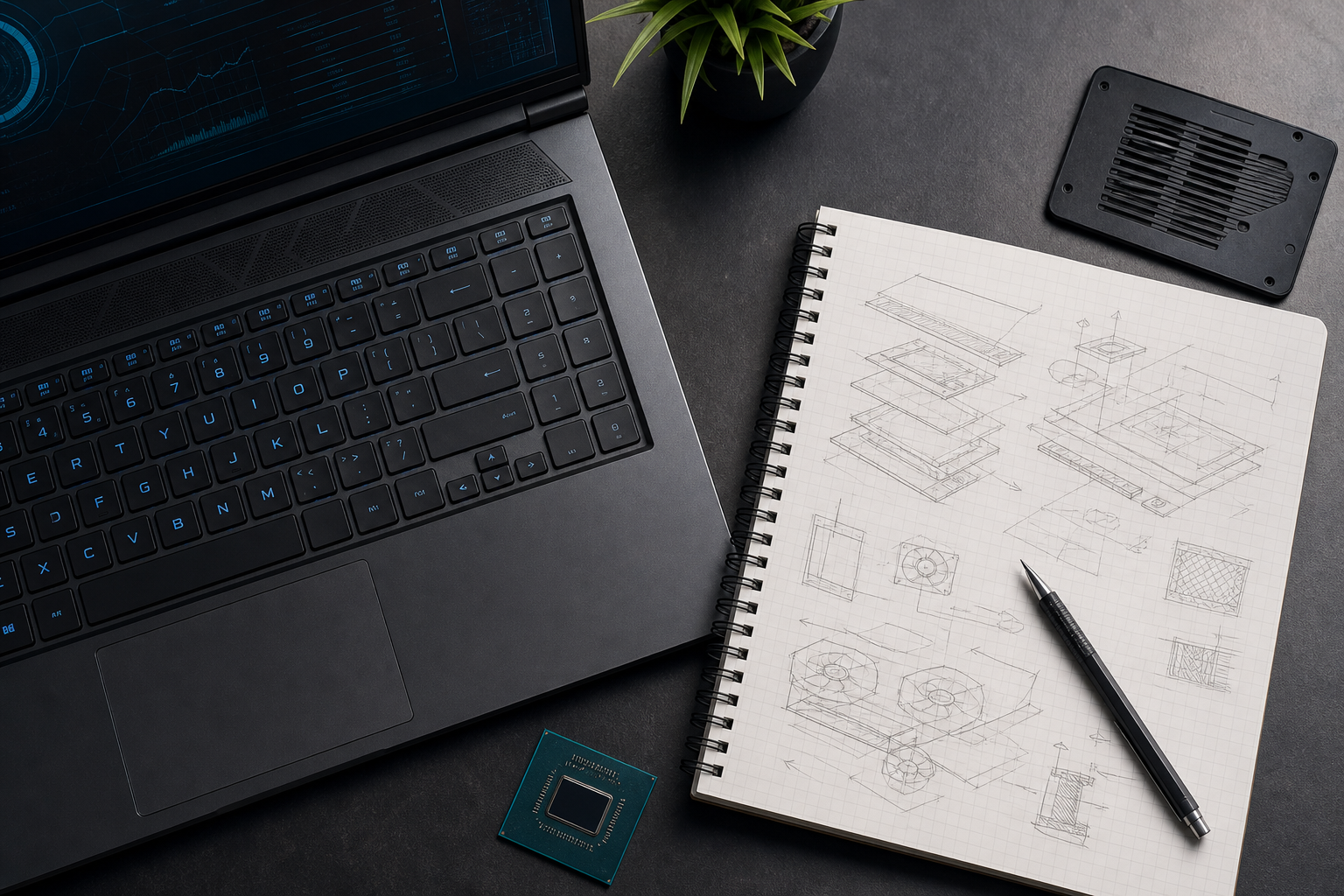 Gaming-laptop, ritblock med tekniska skisser och ett grafikchip på ett skrivbord