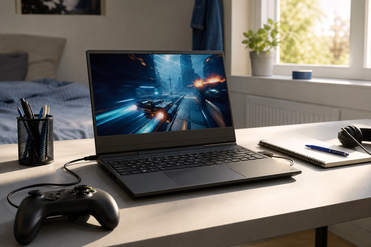 Gaming-laptop med fartfyllt spel på skärmen på ett kompakt skrivbord