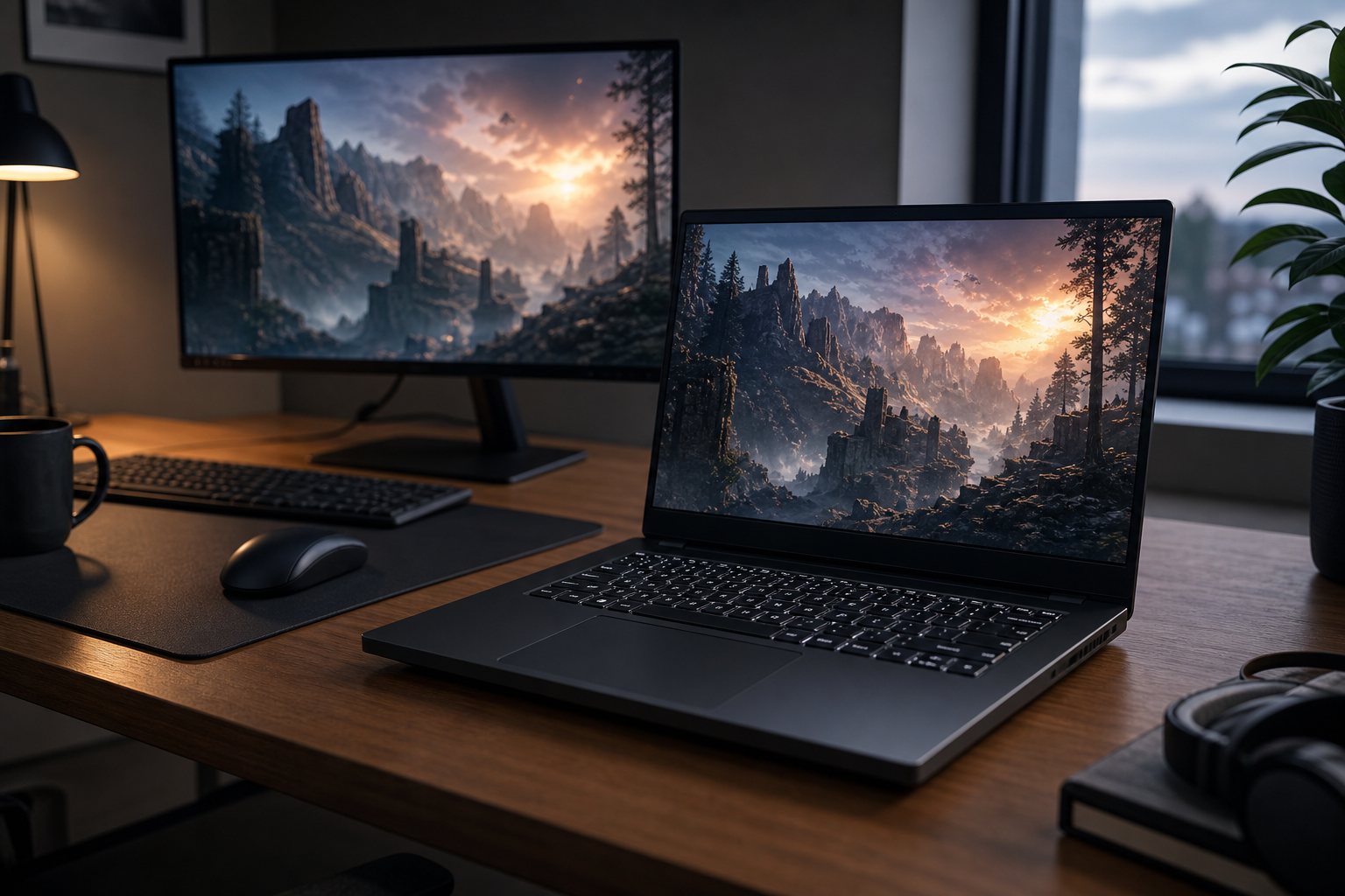 Gaming-laptop och extern skärm med samma detaljrika spellandskap på ett skrivbord