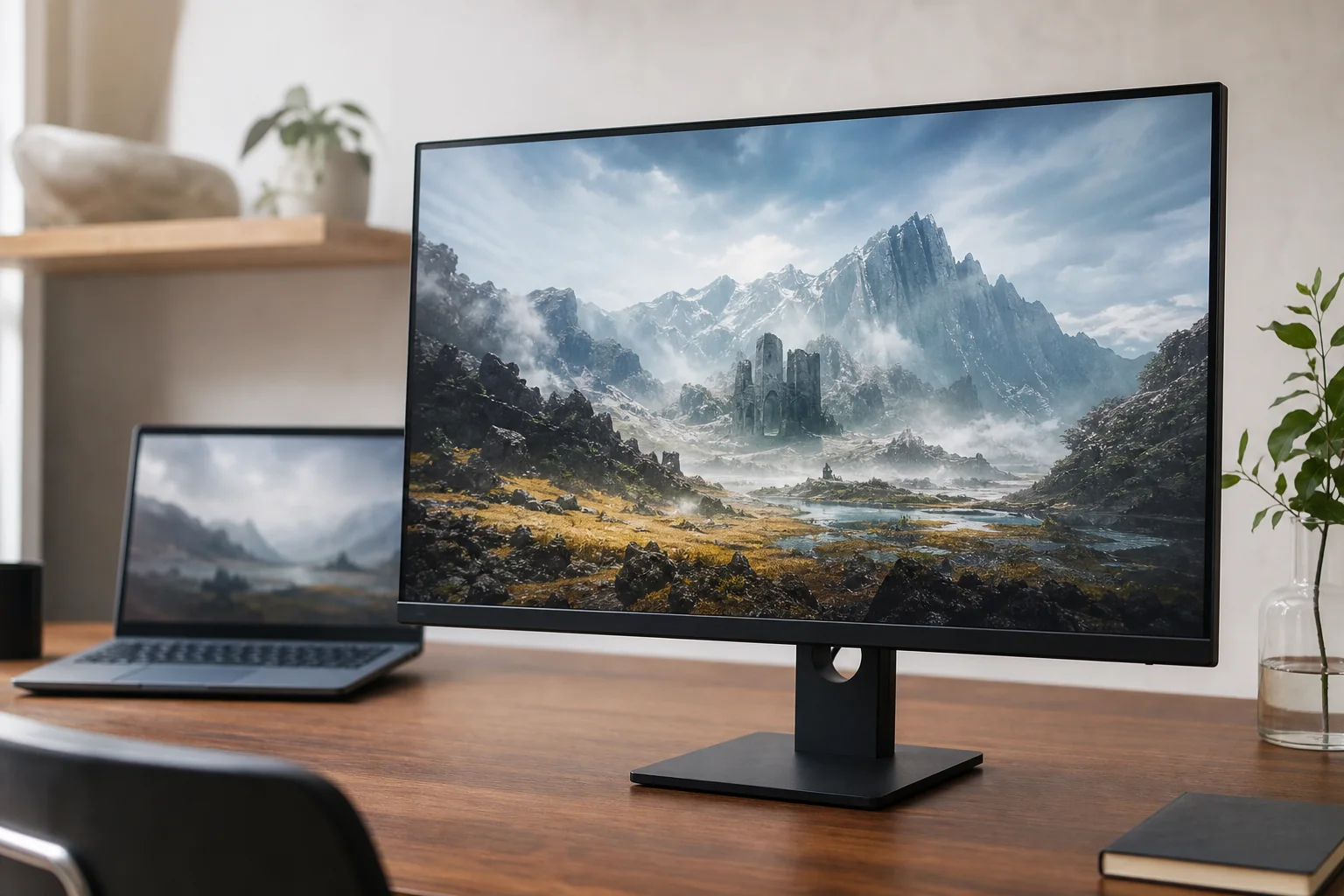 27-tums gamingskärm med detaljrik bild bredvid en laptop på skrivbord