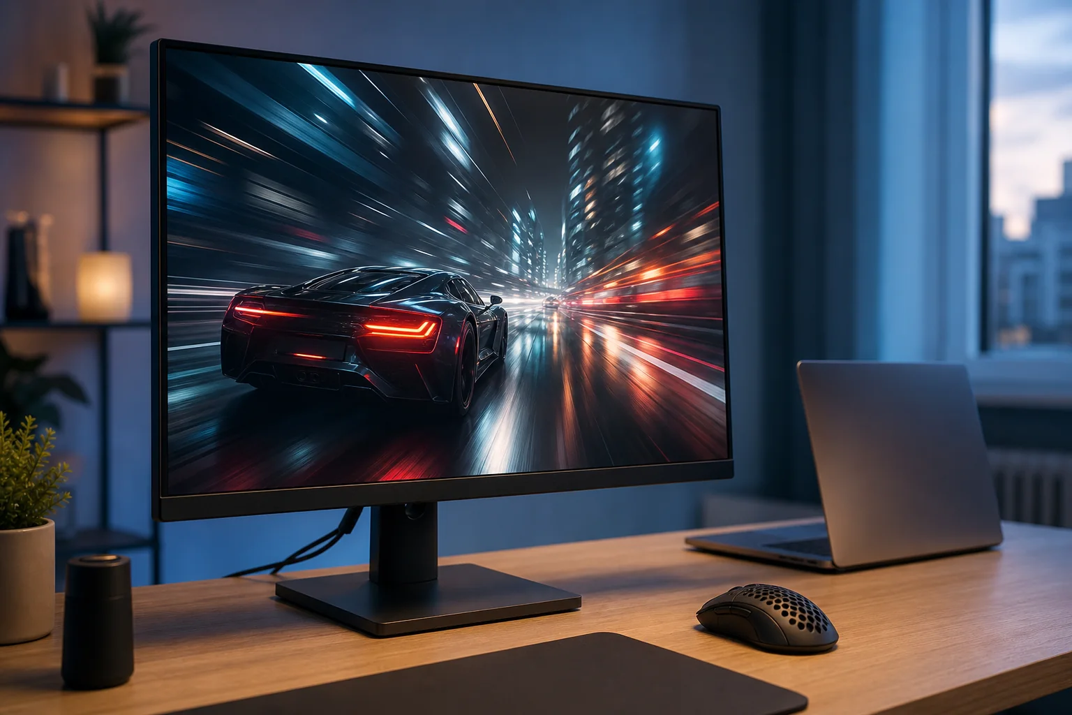 Gamingskärm med snabb racingscen på ett skrivbord