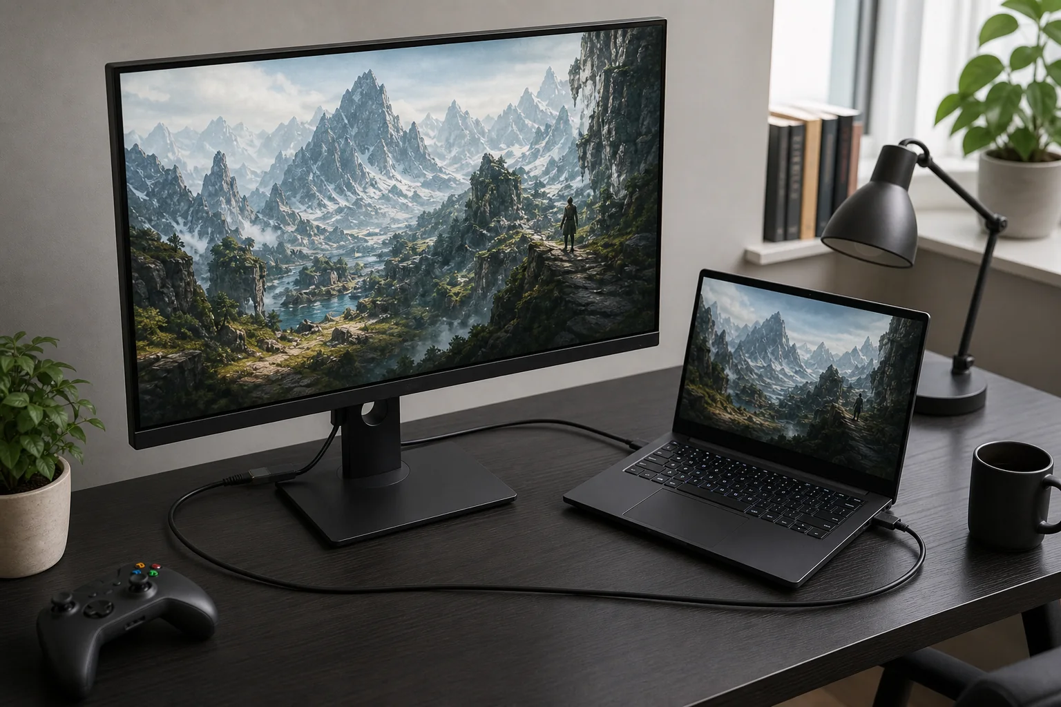 Gaminglaptop ansluten med kabel till en extern skärm
