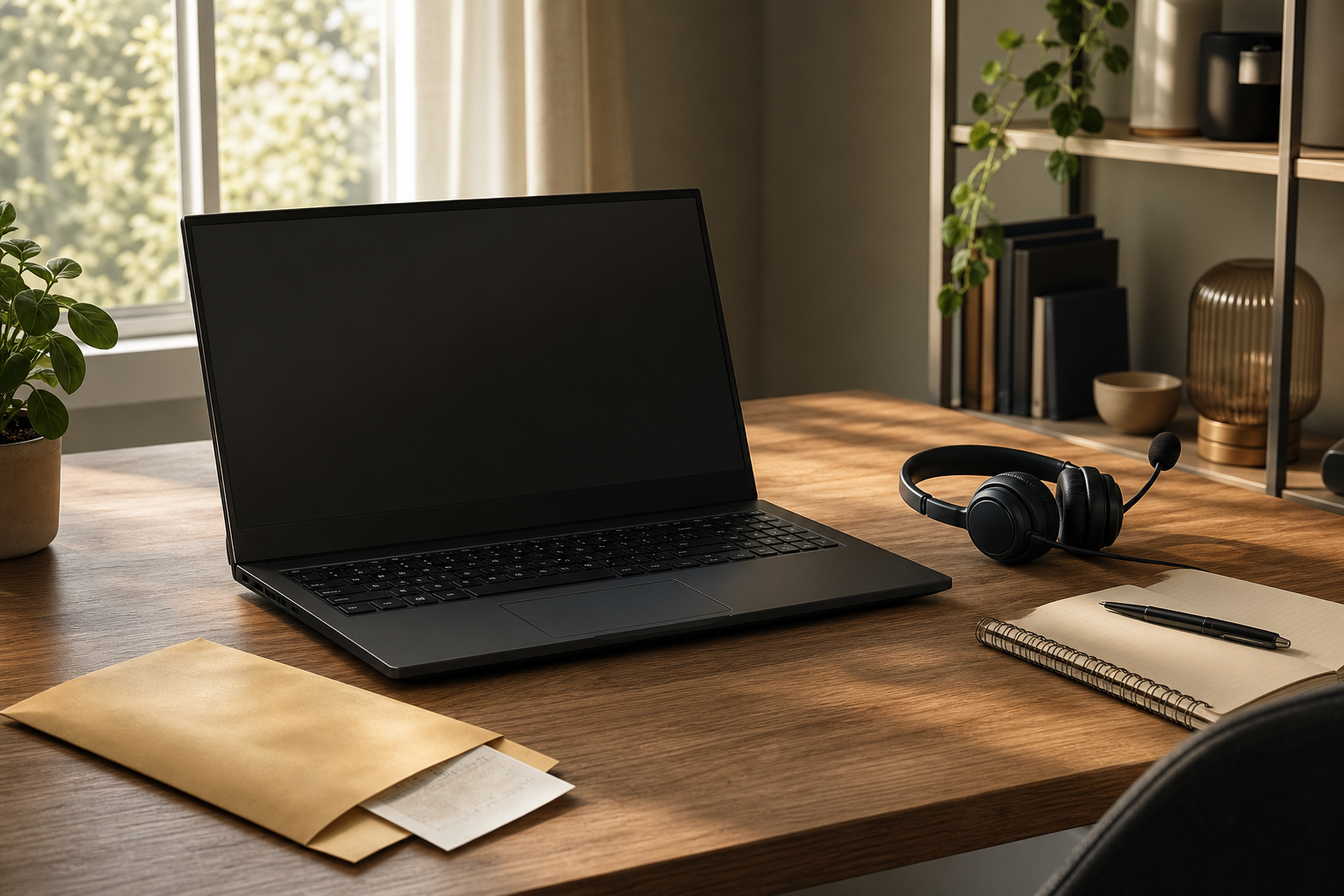 Laptop med kvitto, anteckningsbok och supportheadset på ett skrivbord