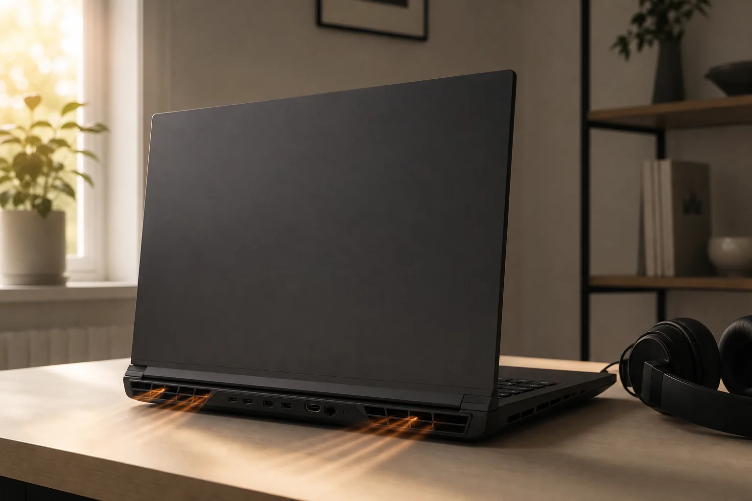 Baksidan av en mörk gaming-laptop med ventilationsöppningar på ett skrivbord