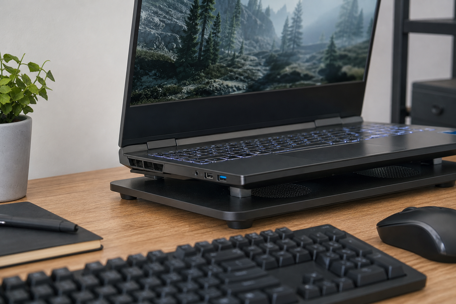 Gaming-laptop upphöjd på en kylplatta med synliga fläktgaller