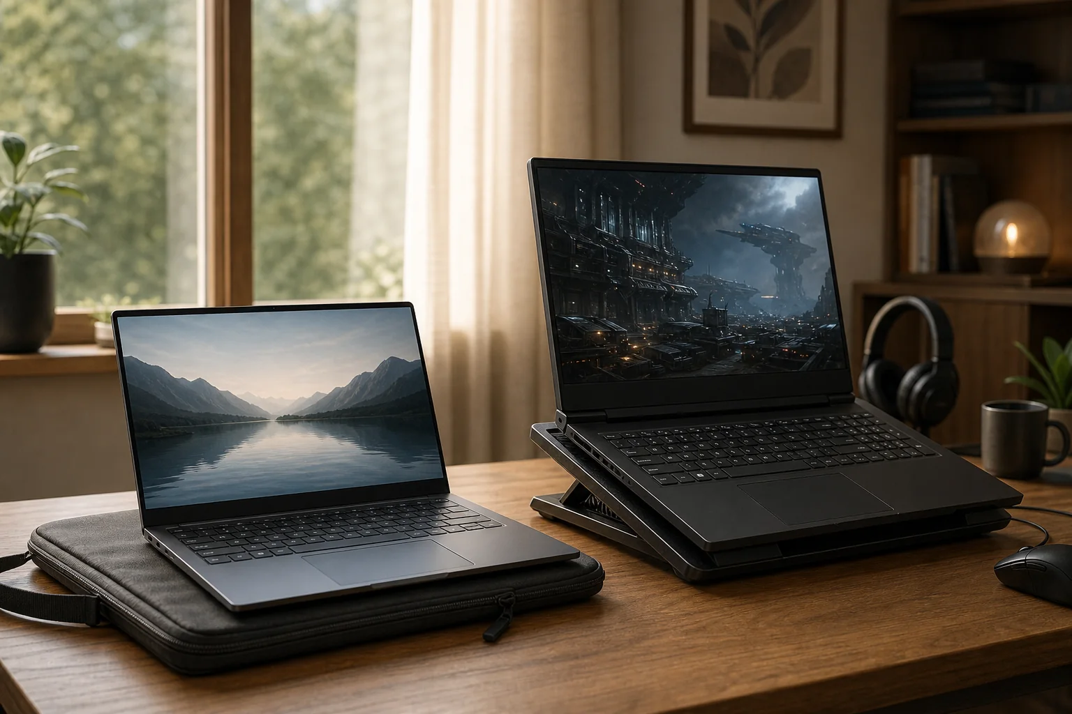 Tunn gaming-laptop i fodral bredvid större laptop på kylstativ