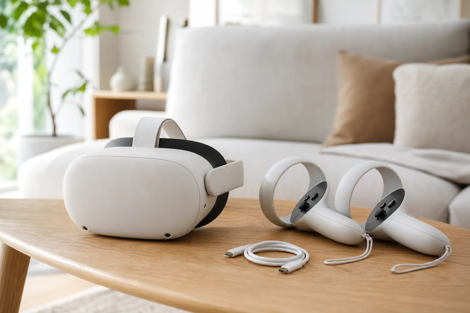 Fristående VR-headset med två handkontroller på ett vardagsrumsbord