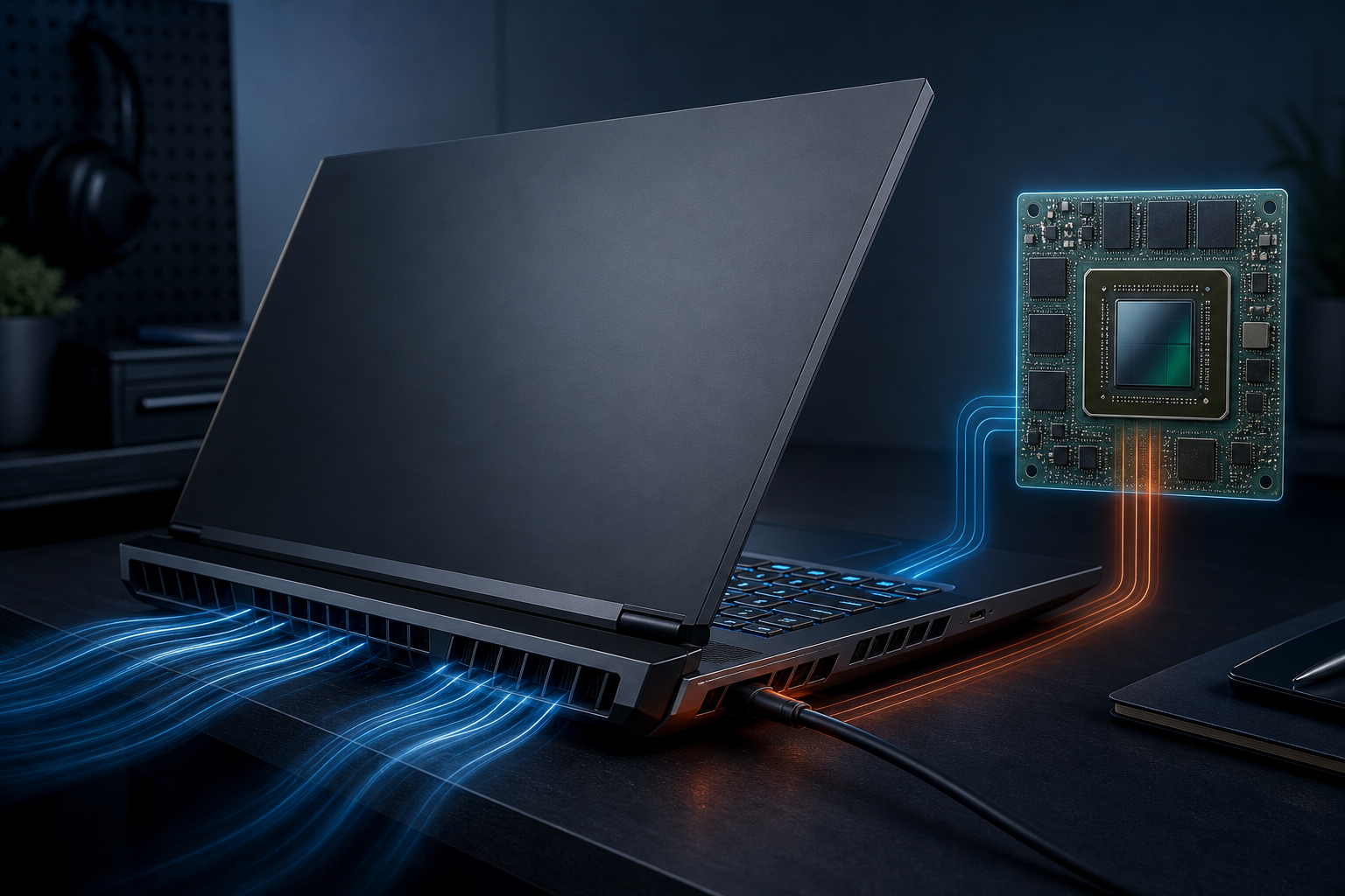 Gaminglaptop med bakre ventilationsöppningar och illustrerat grafikchip som visar sambandet mellan kylning och effekt