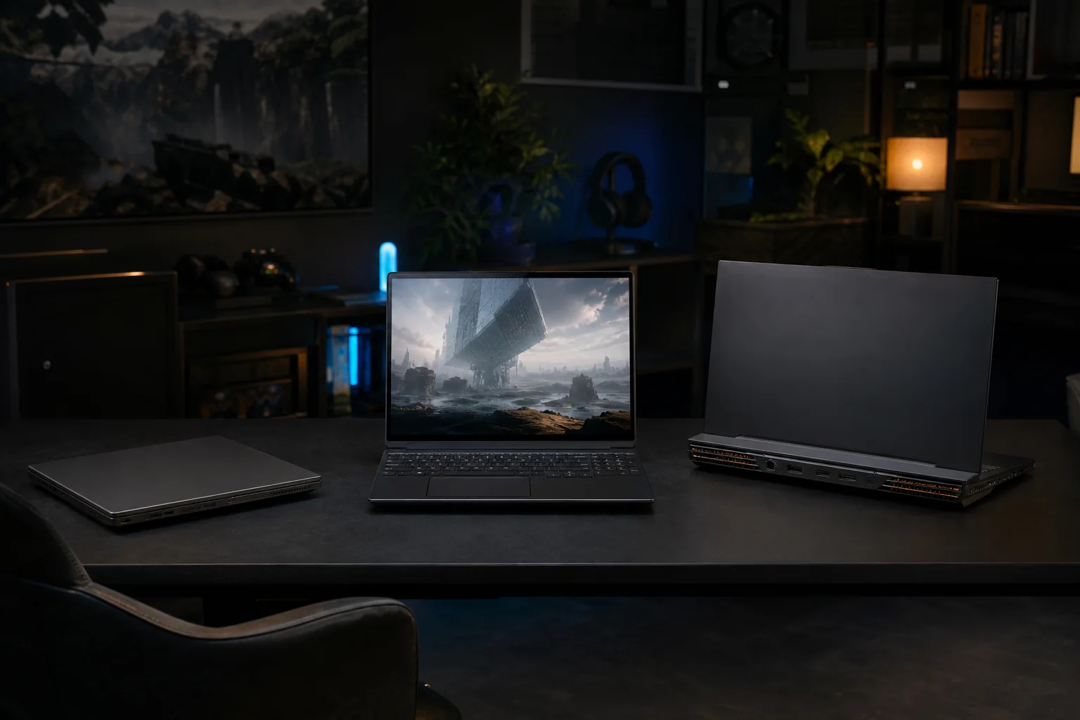 Tre gaming-laptops i olika storlek på ett mörkt skrivbord