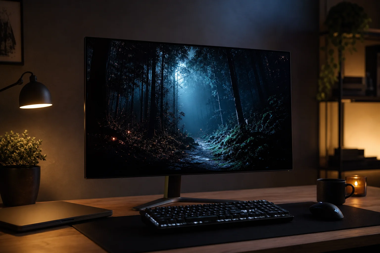 OLED-gamingskärm med mörk skogsscen på ett skrivbord i kvällsljus