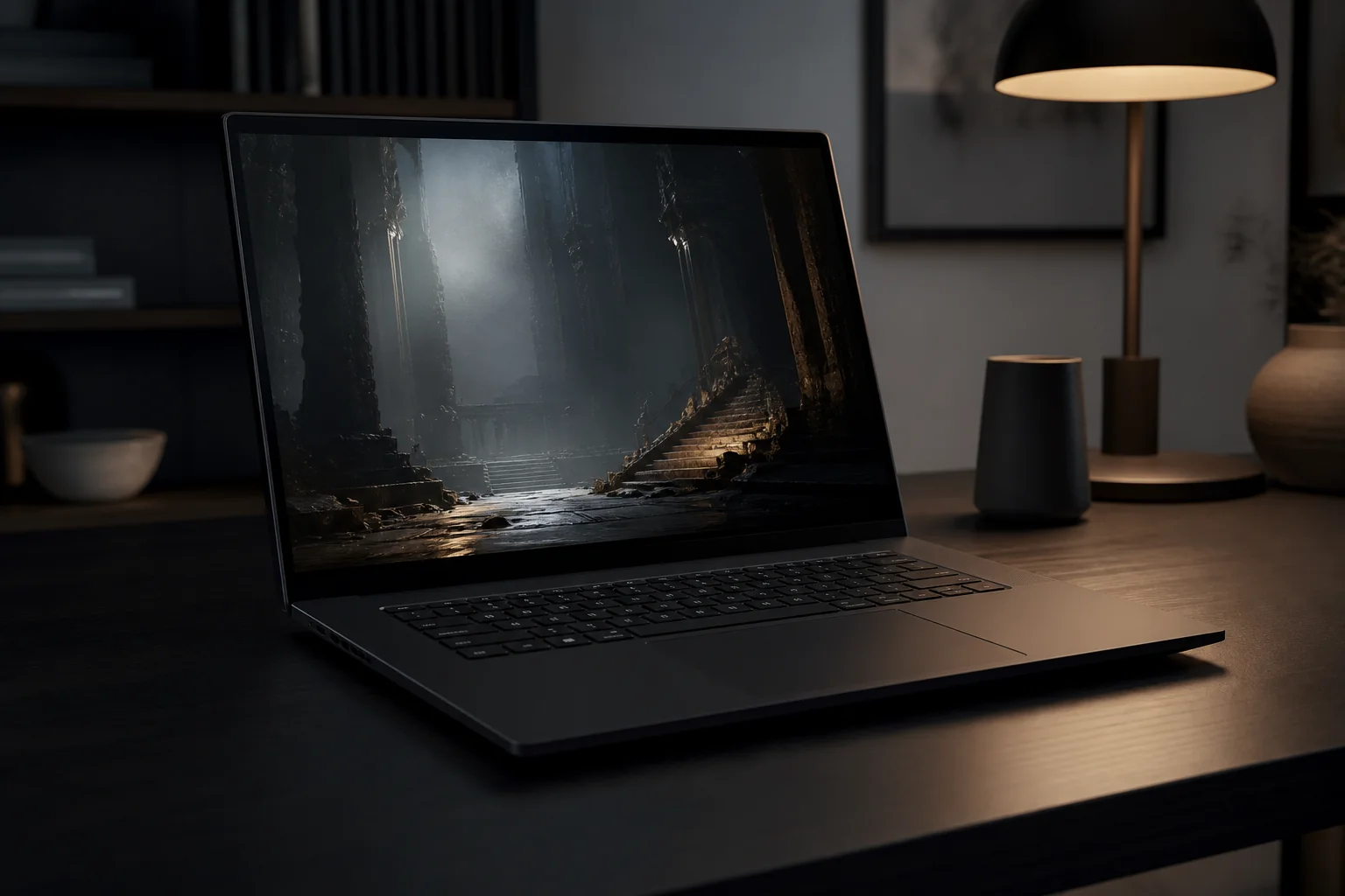 Tunn svart gaming-laptop på ett minimalistiskt mörkt skrivbord
