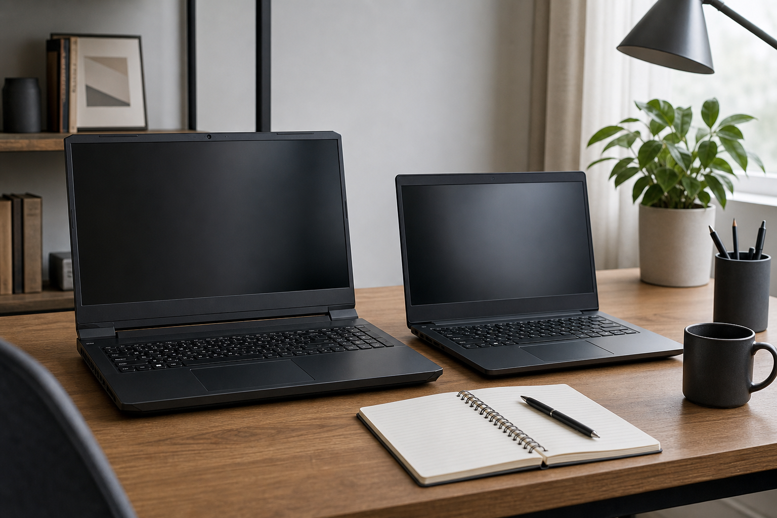 Två laptops i olika storlek jämförs på ett skrivbord