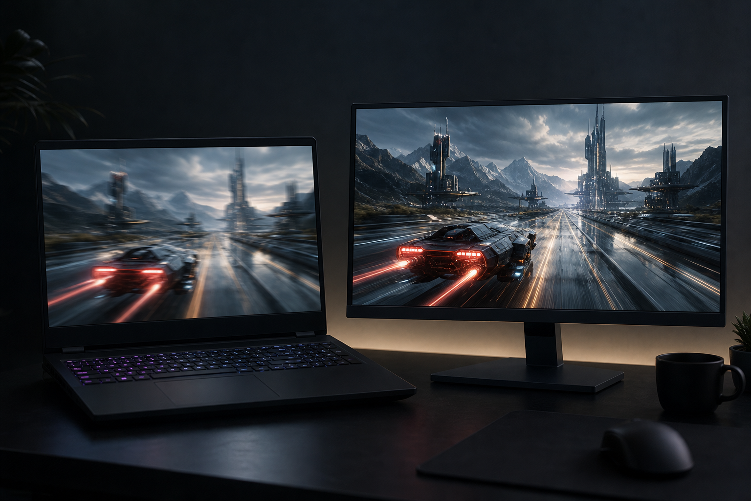 Gaming-laptop och extern skärm som visar samma snabba racingscen med olika rörelseskärpa