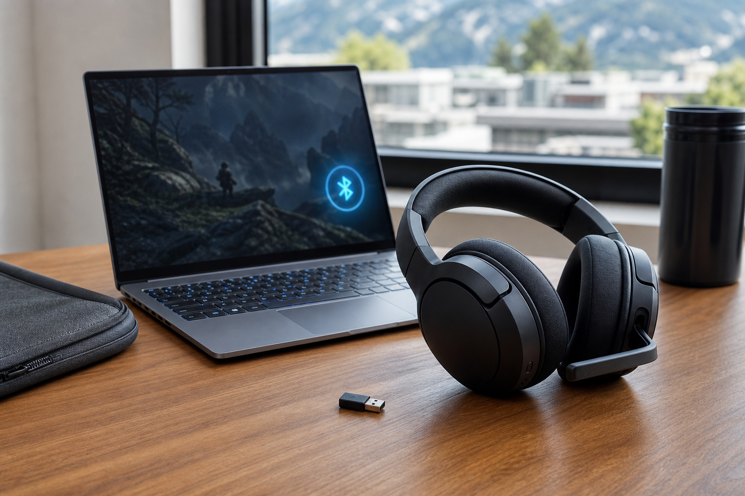 Trådlöst gaming-headset, USB-dongel och bärbar dator på ett skrivbord