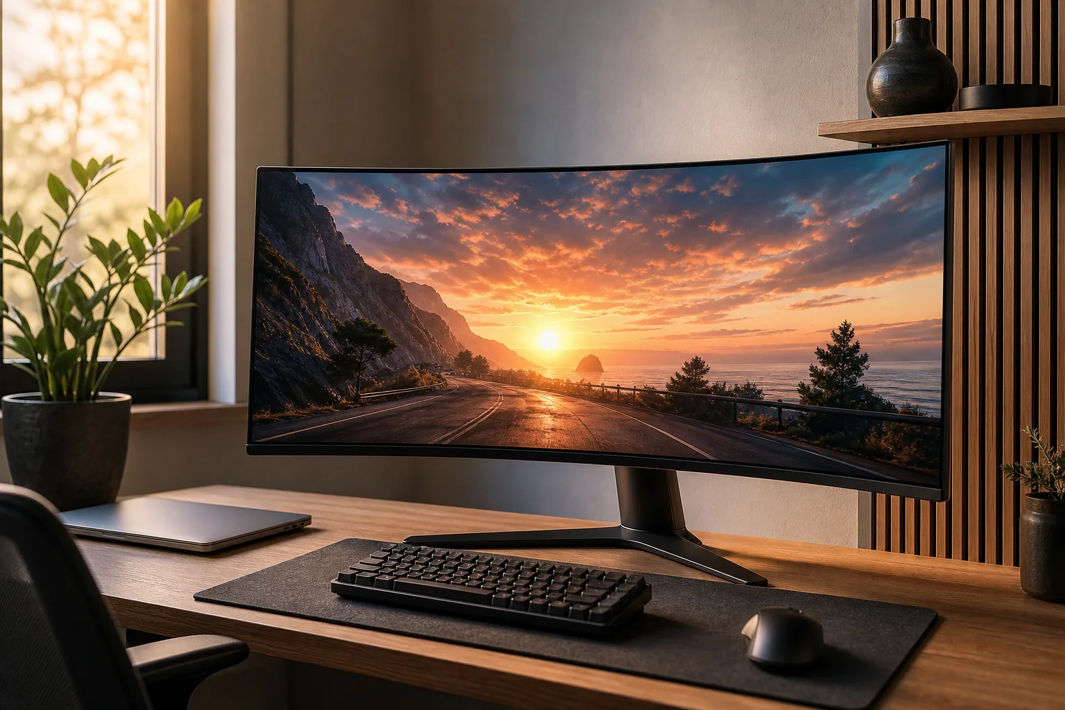 Böjd ultrawide-skärm på ett träskrivbord med laptop och tangentbord