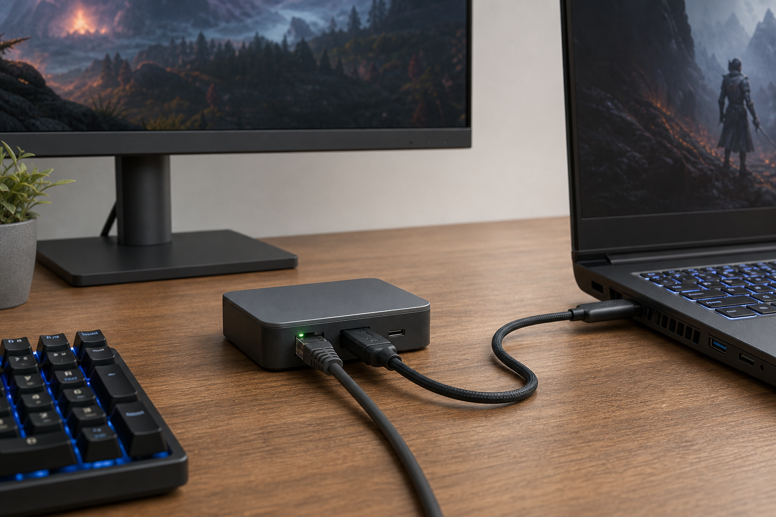 USB-C-docka ansluten med en kabel till en gaming-laptop, skärm och tangentbord
