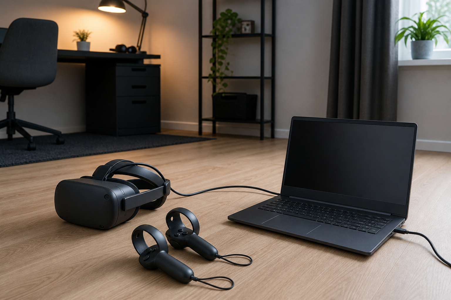 VR-headset och handkontroller anslutna till en bärbar speldator